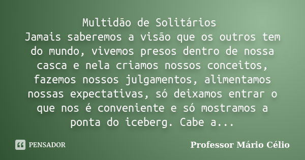 Multidão de Solitários Jamais saberemos a visão que os outros tem do mundo, vivemos presos dentro de nossa casca e nela criamos nossos conceitos, fazemos nossos... Frase de Professor Mário Célio.