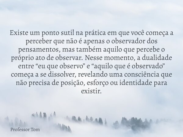 Existe um ponto sutil na prática em que você começa a perceber que não é apenas o observador dos pensamentos, mas também aquilo que percebe o próprio ato de obs... Frase de Professor Tom.