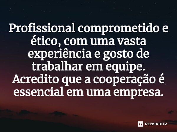 ⁠Profissional comprometido e ético, com uma vasta experiência e gosto de trabalhar em equipe. Acredito que a cooperação é essencial em uma empresa.