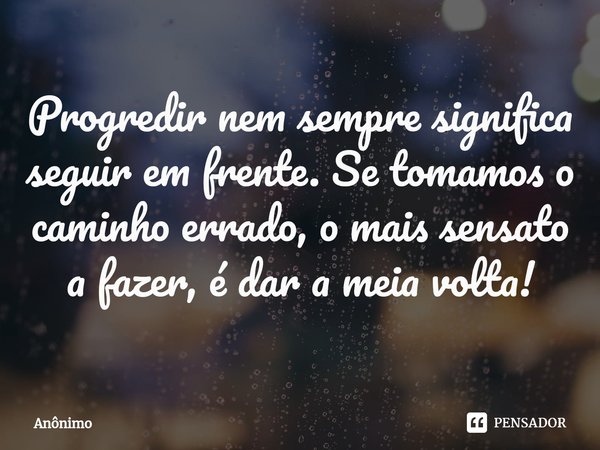 ⁠Progredir nem sempre significa seguir em frente. Se tomamos o caminho errado, o mais sensato a fazer, é dar a meia volta!... Frase de Anônimo.