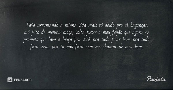 Tava arrumando a minha vida mais tô doido pro cê bagunçar,
mó jeito de menina moça, volta fazer o meu feijão que agora eu prometo que lavo a louça pra você, pra... Frase de Projota.