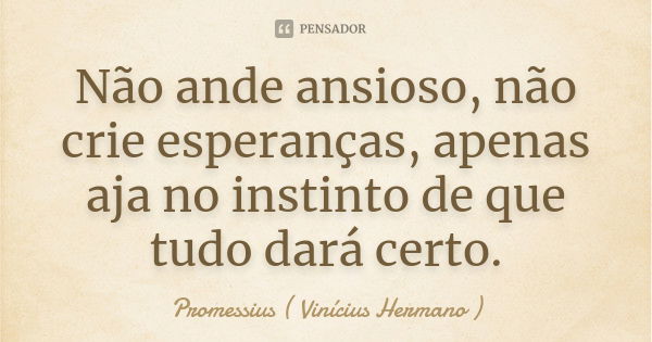 Não ande ansioso, não crie esperanças, apenas aja no instinto de que tudo dará certo.... Frase de Promessius - Vinícius Hermano.