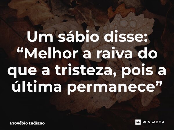 Um sábio disse: “Melhor a raiva do que a tristeza, pois a última permanece”... Frase de Provébio Indiano.