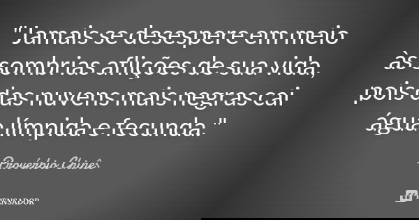 "Jamais se desespere em meio às sombrias aflições de sua vida, pois das nuvens mais negras cai água límpida e fecunda."... Frase de Provérbio Chinês.