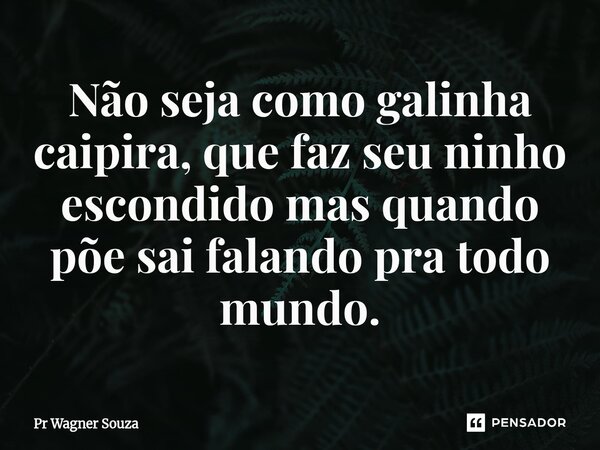 ⁠Não seja como galinha caipira, que faz seu ninho escondido mas quando põe sai falando pra todo mundo.... Frase de Pr Wagner Souza.