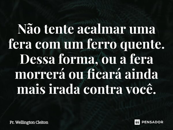 Não tente acalmar uma fera com um ferro quente. Dessa forma, ou a fera morrerá ou ficará ainda mais irada contra você.... Frase de Pr. Wellington Cleiton.