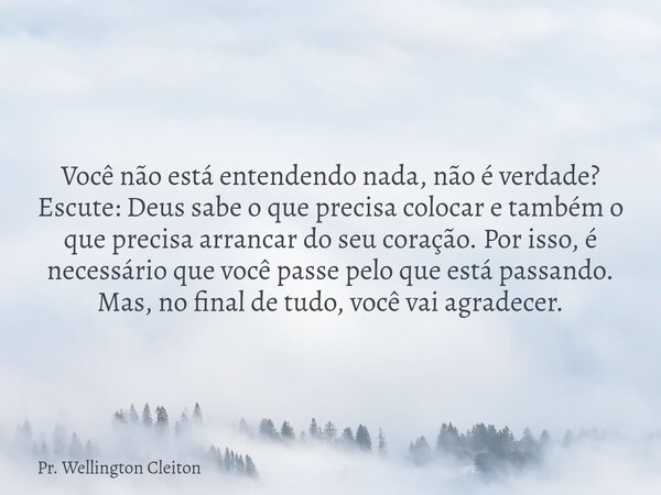 Você não está entendendo nada, não é verdade? Escute: Deus sabe o que precisa colocar e também o que precisa arrancar do seu coração. Por isso, é necessário que... Frase de Pr. Wellington Cleiton.
