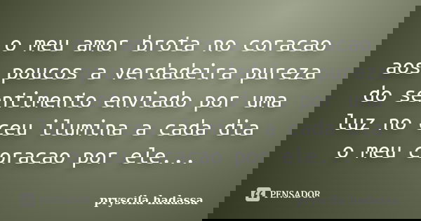 o meu amor brota no coracao aos poucos a verdadeira pureza do sentimento enviado por uma luz no ceu ilumina a cada dia o meu coracao por ele...... Frase de pryscila hadassa.