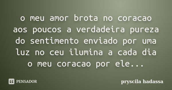 o meu amor brota no coracao aos poucos a verdadeira pureza do sentimento enviado por uma luz no ceu ilumina a cada dia o meu coracao por ele...... Frase de pryscila hadassa.