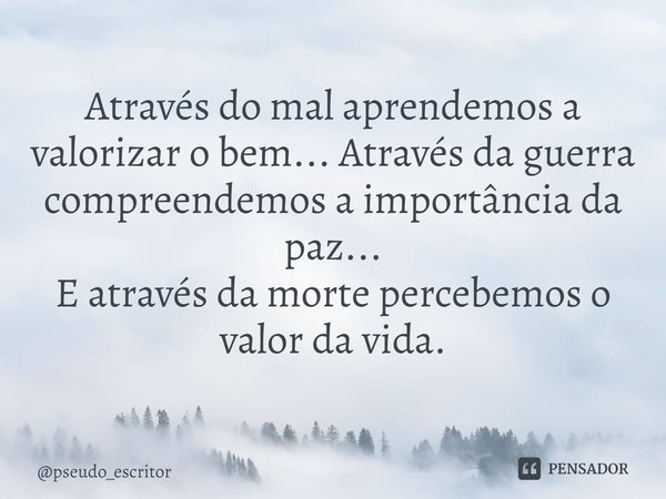 ⁠Através do mal aprendemos a valorizar o bem...Através da guerra
compreendemos a importância da paz...
E através da morte percebemos o valor da vida.... Frase de pseudo_escritor.