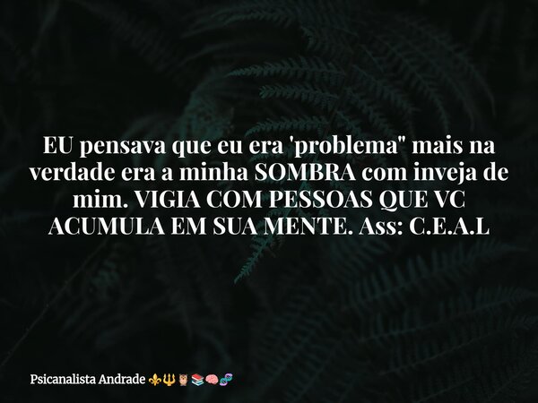 EU pensava que eu era 'problema" mais na verdade era a minha SOMBRA com inveja de mim. VIGIA COM PESSOAS QUE VC ACUMULA EM SUA MENTE. Ass: C.E.A.L... Frase de Psicanalista Andrade.