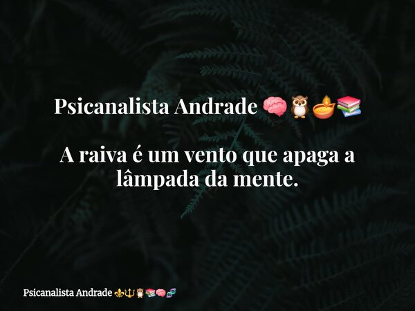 Psicanalista Andrade 🧠🦉🪔📚 A raiva é um vento que apaga a lâmpada da mente.... Frase de Psicanalista Andrade.