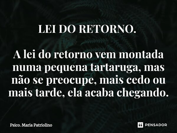 ⁠⁠LEI DO RETORNO. ⁠ A lei do retorno vem montada numa pequena tartaruga, mas não se preocupe, mais cedo ou mais tarde, ela acaba chegando.... Frase de Psico. Maria Patriolino.