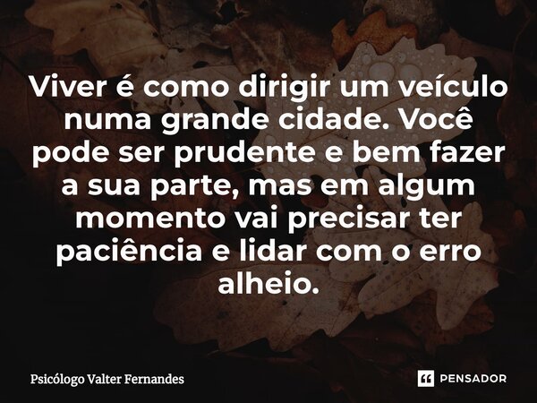 ⁠Viver é como dirigir um veículo numa grande cidade. Você pode ser prudente e bem fazer a sua parte, mas em algum momento vai precisar ter paciência e lidar com... Frase de Psicólogo Valter Fernandes.