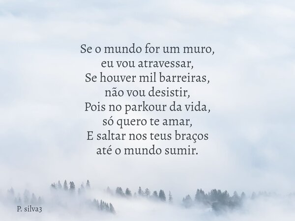 Se o mundo for um muro, eu vou atravessar, Se houver mil barreiras, não vou desistir, Pois no parkour da vida, só quero te amar, E saltar nos teus braços até o ... Frase de P. silva3.