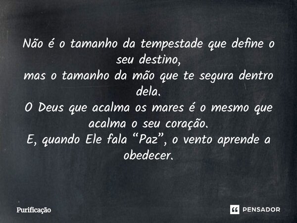Não é o tamanho da tempestade que define o seu destino, mas o tamanho da mão que te segura dentro dela. O Deus que acalma os mares é o mesmo que acalma o seu co... Frase de Purificação.