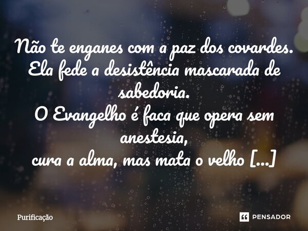  Não te enganes com a paz dos covardes. Ela fede a desistência mascarada de sabedoria. O Evangelho é faca que opera sem anestesia, cura a alma, mas mata o velh... Frase de Purificação.