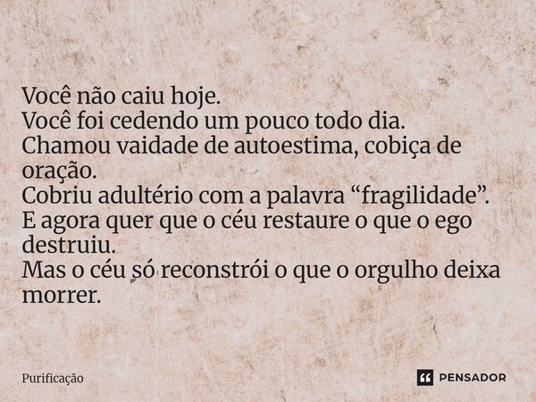 Você não caiu hoje. Você foi cedendo um pouco todo dia. Chamou vaidade de autoestima, cobiça de oração. Cobriu adultério com a palavra “fragilidade”. E agora qu... Frase de Purificação.