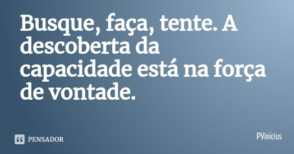 Busque, faça, tente. A descoberta da capacidade está na força de vontade.... Frase de PVinícius.