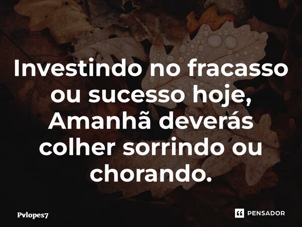 ⁠Investindo no fracasso ou sucesso hoje, Amanhã deverás colher sorrindo ou chorando.... Frase de Pvlopes7.