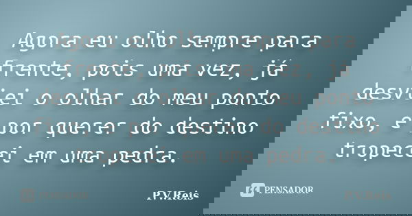 Agora eu olho sempre para frente, pois uma vez, já desviei o olhar do meu ponto fixo, e por querer do destino tropecei em uma pedra.... Frase de P.V.Reis.