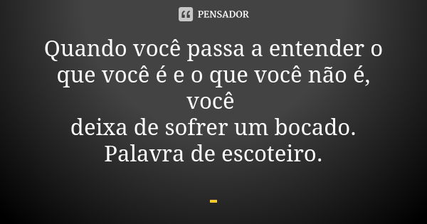 Quando você passa a entender o que você é e o que você não é, você deixa de sofrer um bocado. Palavra de escoteiro.... Frase de Autor Desconhecido.