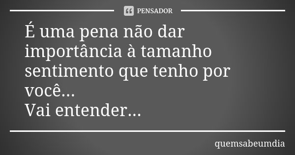 É uma pena não dar importância à tamanho sentimento que tenho por você... Vai entender...... Frase de quemsabeumdia.