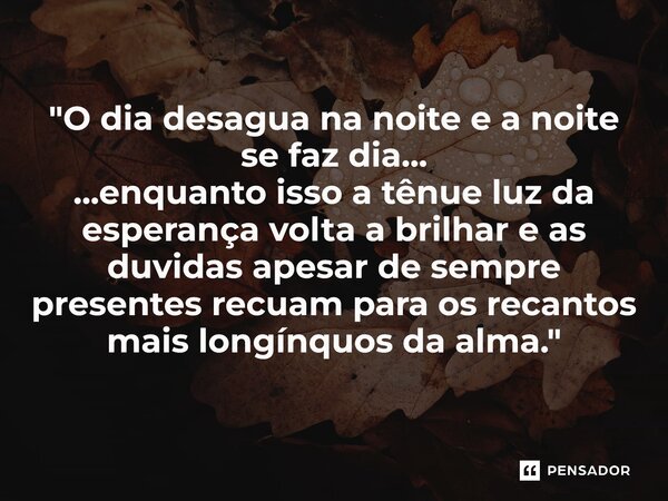 ⁠"O dia desagua na noite e a noite se faz dia... ...enquanto isso a tênue luz da esperança volta a brilhar e as duvidas apesar de sempre presentes recuam p