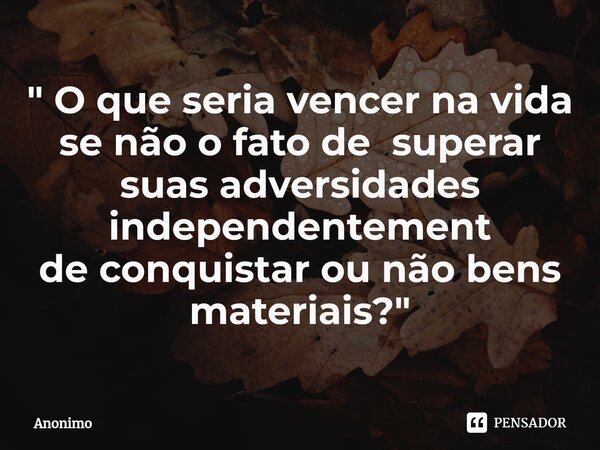 ⁠" O que seria vencer na vida se não o fato de superar suas adversidades independentement de conquistar ou não bens materiais?"... Frase de Anônimo.