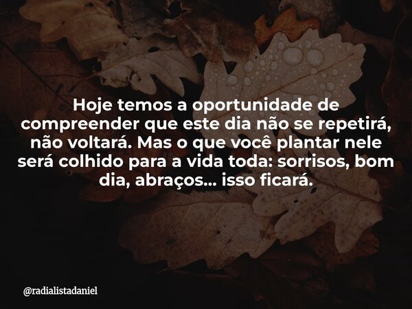Hoje temos a oportunidade de compreender que este dia não se repetirá, não voltará. Mas o que você plantar nele será colhido para a vida toda: sorrisos, bom dia... Frase de radialistadaniel.