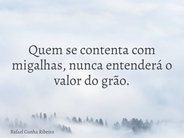 Quem se contenta com migalhas, nunca entenderá o valor do grão.... Frase de Rafael Cunha Ribeiro.