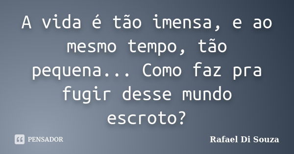 A vida é tão imensa, e ao mesmo tempo, tão pequena... Como faz pra fugir desse mundo escroto?... Frase de Rafael Di Souza.