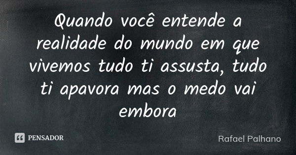 Quando você entende a realidade do mundo em que vivemos tudo ti assusta, tudo ti apavora mas o medo vai embora... Frase de Rafael Palhano.