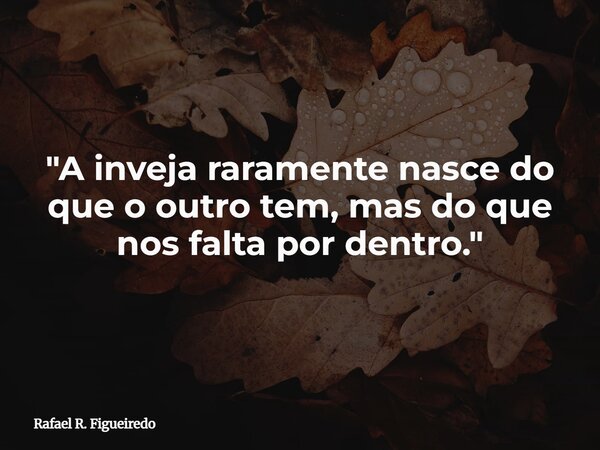 "A inveja raramente nasce do que o outro tem, mas do que nos falta por dentro."... Frase de Rafael R. Figueiredo.