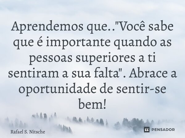 ⁠Aprendemos que.. "Você sabe que é importante quando as pessoas superiores a ti sentiram a sua falta". Abrace a oportunidade de sentir-se bem!... Frase de Rafael S. Nitsche.