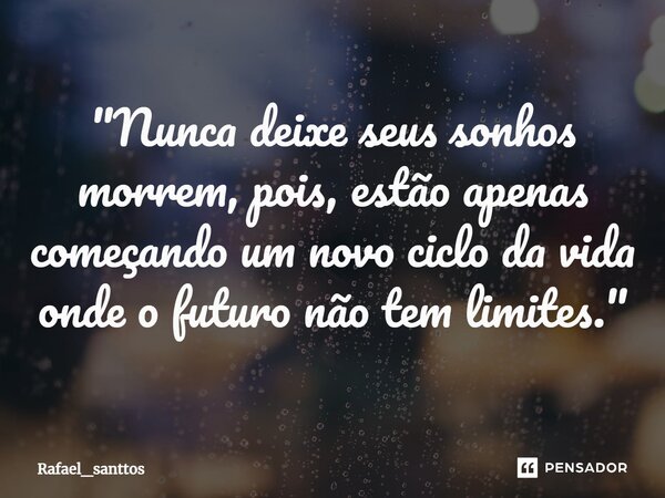 "Nunca deixe seus sonhos morrem, pois, estão apenas começando um novo ciclo da vida onde o futuro não tem limites."... Frase de Rafael_santtos.