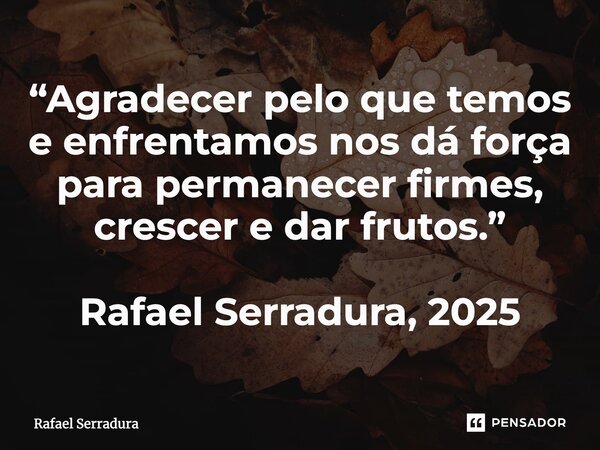 ⁠“Agradecer pelo que temos e enfrentamos nos dá força para permanecer firmes, crescer e dar frutos.” Rafael Serradura, 2025... Frase de Rafael Serradura.