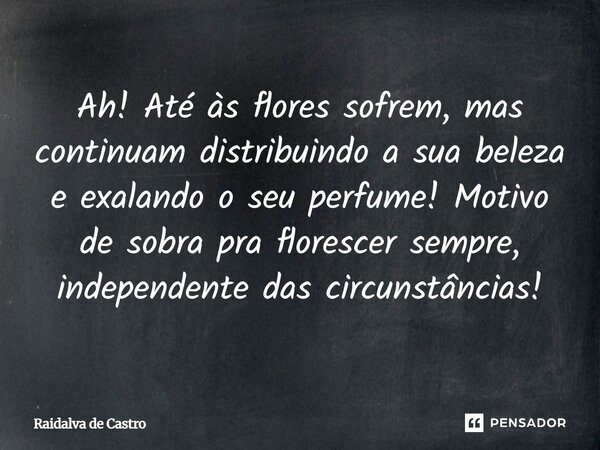 Ah! Até às flores sofrem, mas continuam distribuindo a sua beleza e exalando o seu perfume! Motivo de sobra pra florescer sempre, independente das circunstância... Frase de Raidalva de Castro.