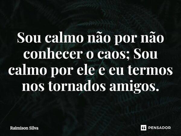 ⁠Sou calmo não por não conhecer o caos; Sou calmo por ele e eu termos nos tornados amigos.... Frase de Raimison Silva.