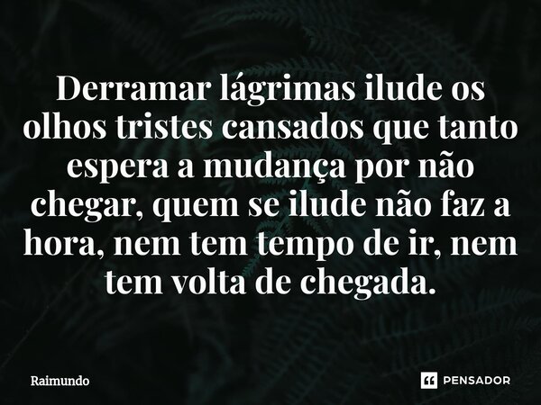 ⁠Derramar lágrimas ilude os olhos tristes cansados que tanto espera a mudança por não chegar, quem se ilude não faz a hora, nem tem tempo de ir, nem tem volta d... Frase de RAIMUNDO.