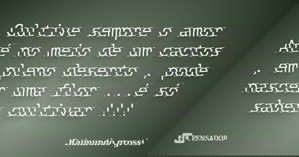 Cultive sempre o amor Até no meio de um cactos , em pleno deserto , pode nascer uma flor ...é só saber cultivar !!!... Frase de Raimundo grossi.