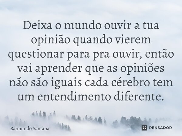 ⁠Deixa o mundo ouvir a tua opinião quando vierem questionar para pra ouvir, então vai aprender que as opiniões não são iguais cada cérebro tem um entendimento d... Frase de Raimundo Santana.