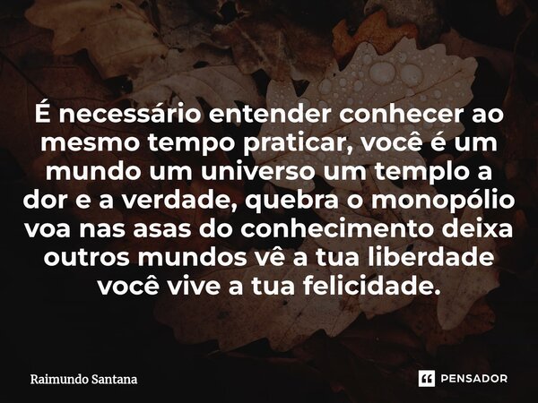 ⁠É necessário entender conhecer ao mesmo tempo praticar, você é um mundo um universo um templo a dor e a verdade, quebra o monopólio voa nas asas do conheciment... Frase de Raimundo Santana.