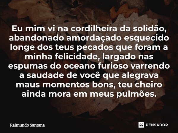 Eu mim vi na cordilheira da solidão, abandonado amordaçado esquecido longe dos teus pecados que foram a minha felicidade, largado nas espumas do oceano furioso... Frase de Raimundo Santana.