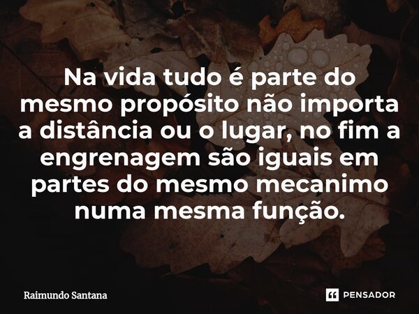 ⁠Na vida tudo é parte do mesmo propósito não importa a distância ou o lugar, no fim a engrenagem são iguais em partes do mesmo mecanimo numa mesma função.... Frase de Raimundo Santana.