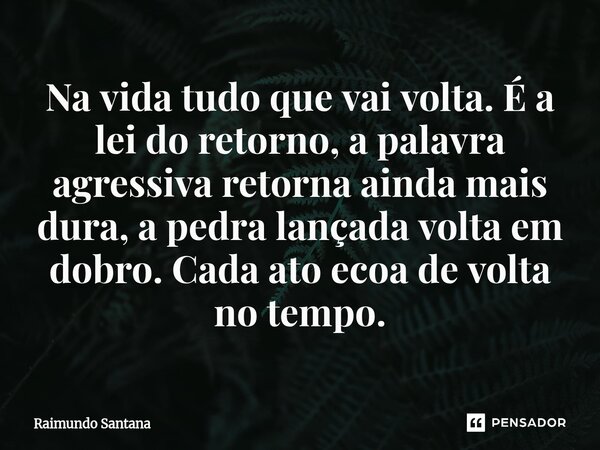 ⁠Na vida tudo que vai volta. É a lei do retorno, a palavra agressiva retorna ainda mais dura, a pedra lançada volta em dobro. Cada ato ecoa de volta no tempo.... Frase de Raimundo Santana.