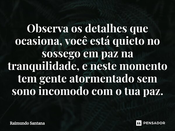 ⁠Observa os detalhes que ocasiona, você está quieto no sossego em paz na tranquilidade, e neste momento tem gente atormentado sem sono incomodo com o tua paz.... Frase de Raimundo Santana.