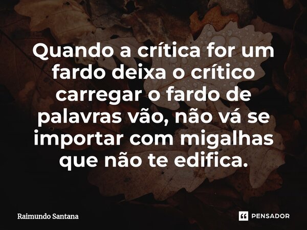 ⁠Quando a crítica for um fardo deixa o crítico carregar o fardo de palavras vão, não vá se importar com migalhas que não te edifica.... Frase de Raimundo Santana.