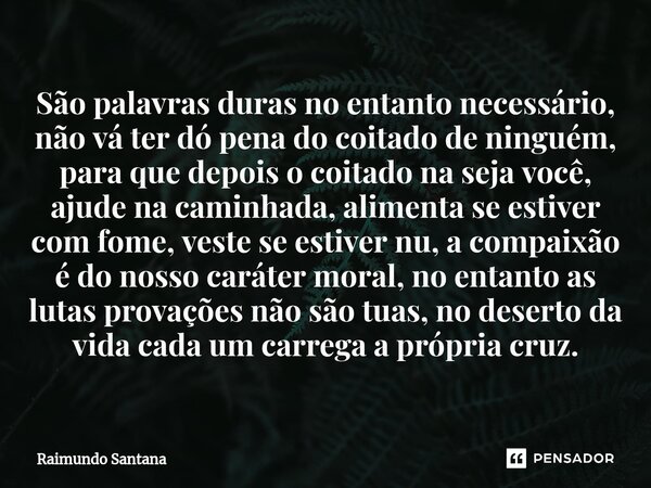 ⁠São palavras duras no entanto necessário, não vá ter dó pena do coitado de ninguém, para que depois o coitado na seja você, ajude na caminhada, alimenta se est... Frase de Raimundo Santana.