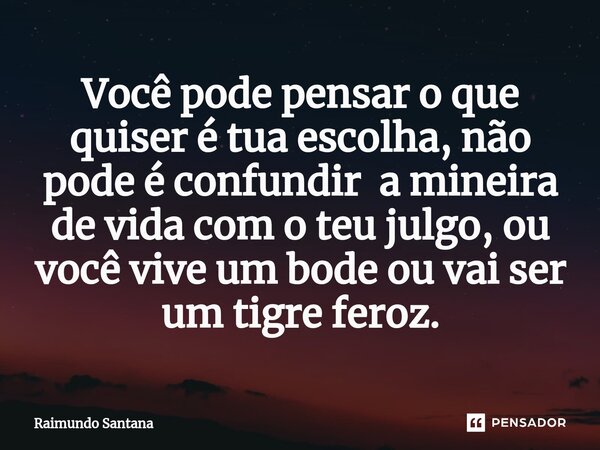 ⁠Você pode pensar o que quiser é tua escolha, não pode é confundir a mineira de vida com o teu julgo, ou você vive um bode ou vai ser um tigre feroz.... Frase de Raimundo Santana.